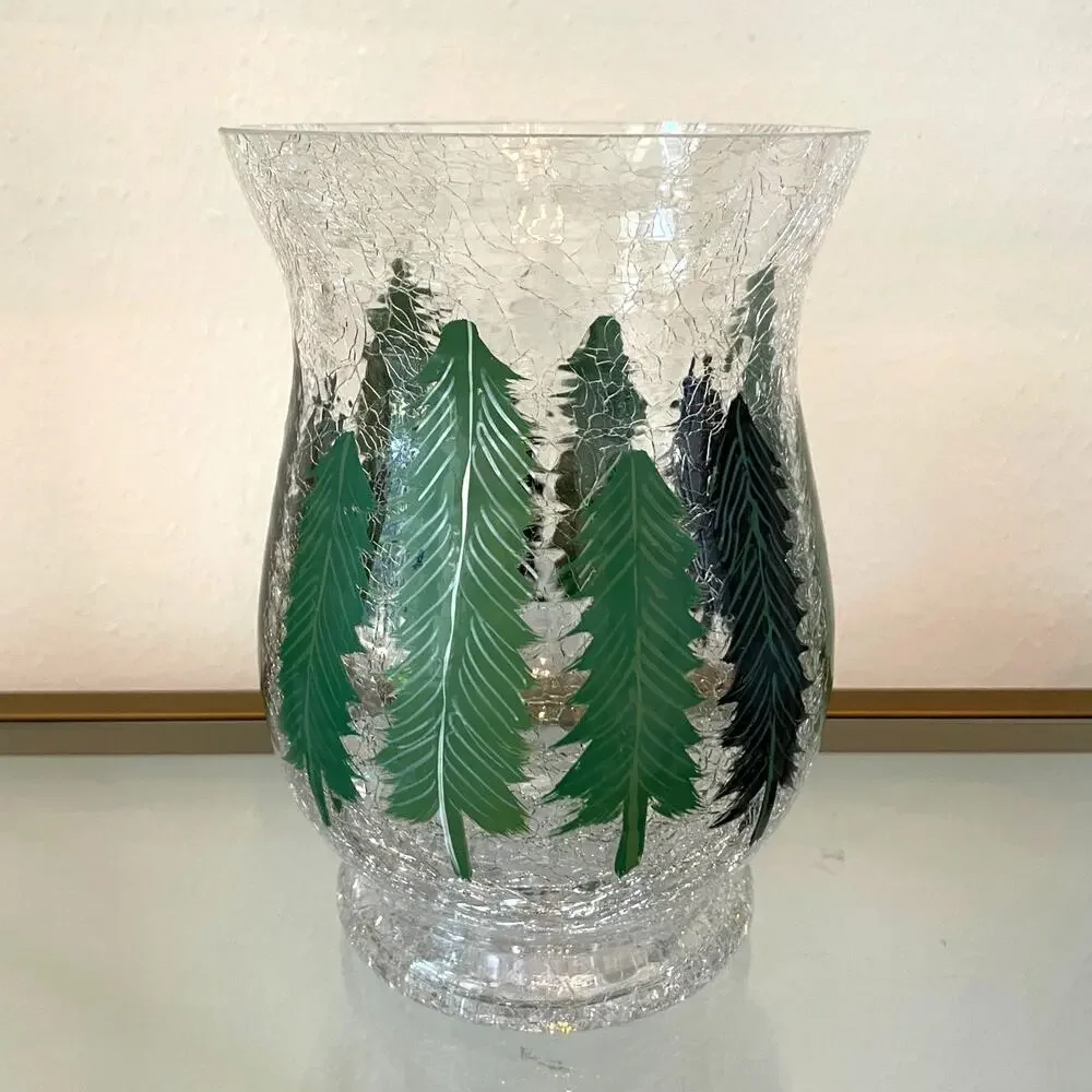 Christmas Pine Tree Crackle Glass Hurricane Candle Holder 8 x 5.5 Holiday New